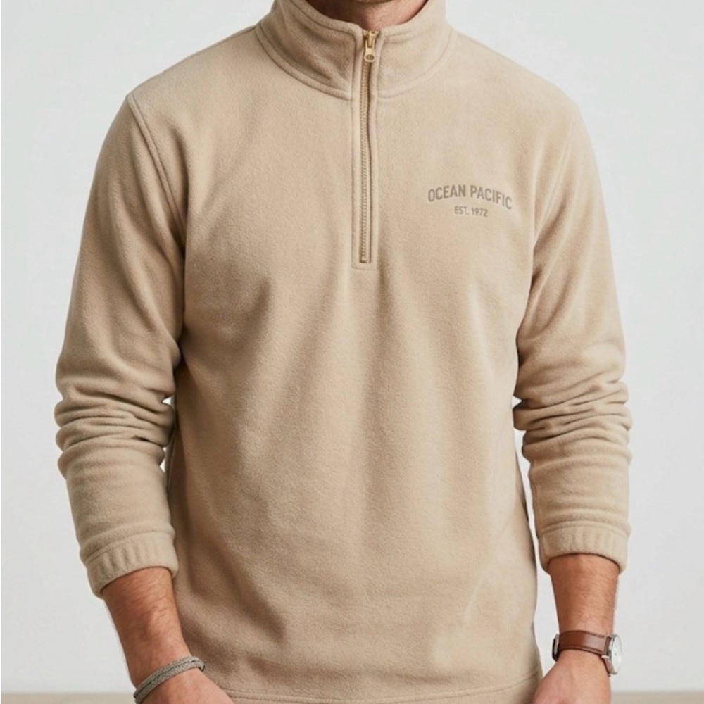 Vintage OP Ocean Pacific Men's Tan 1/4 Zip Fleece Sweater Pullover Size Large